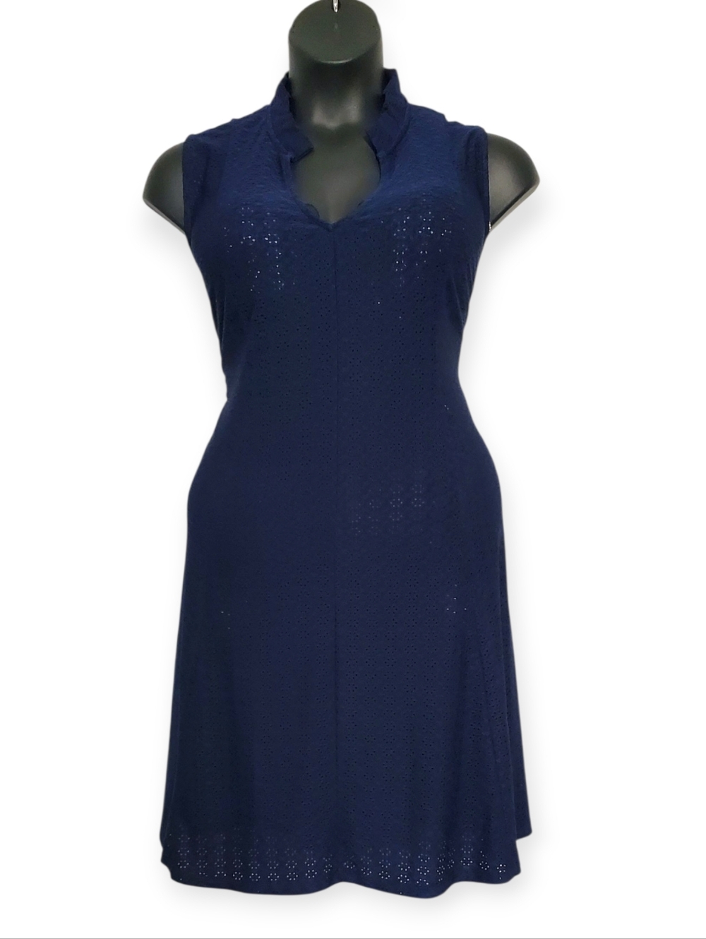 Emma & Michele Navy Eyelet Notch-Collar Mini Dress